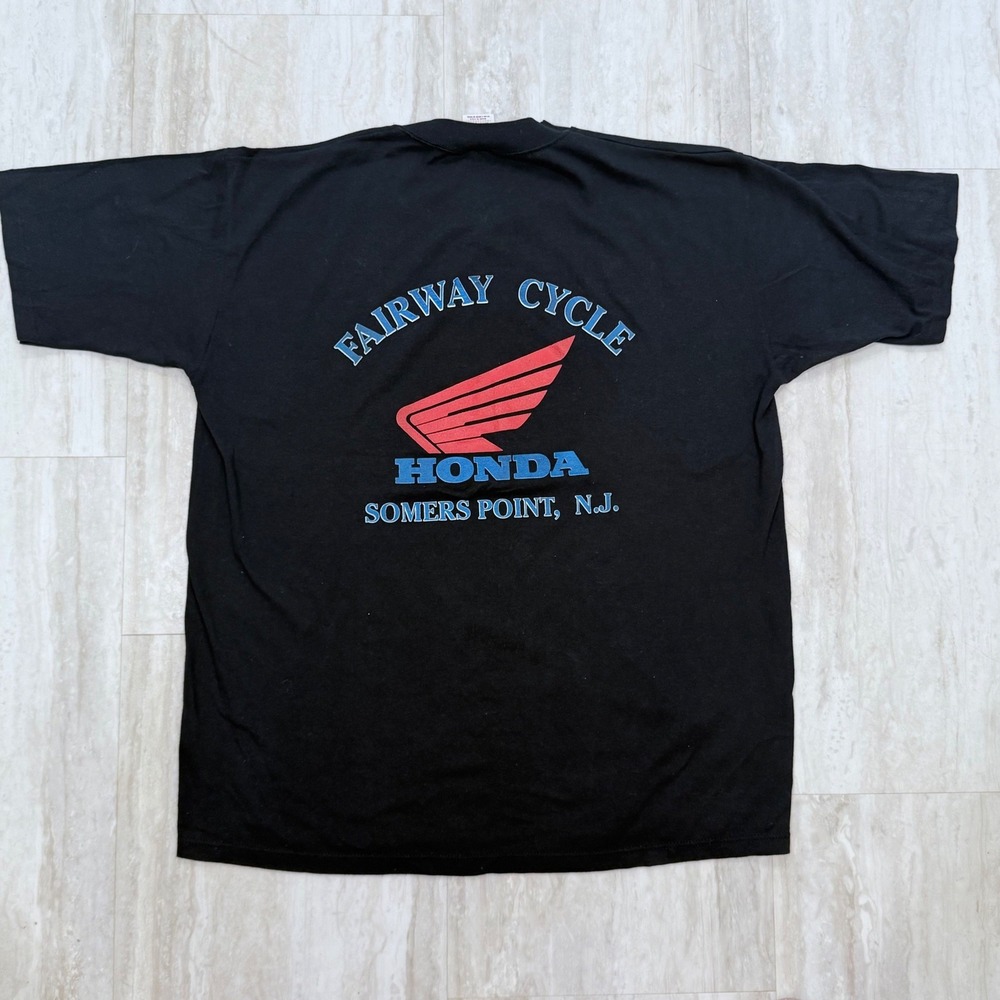 VTG 80s Jerzees Honda Fairway Cycle Somers Point NJ T-Shirt XL Black Made in USA